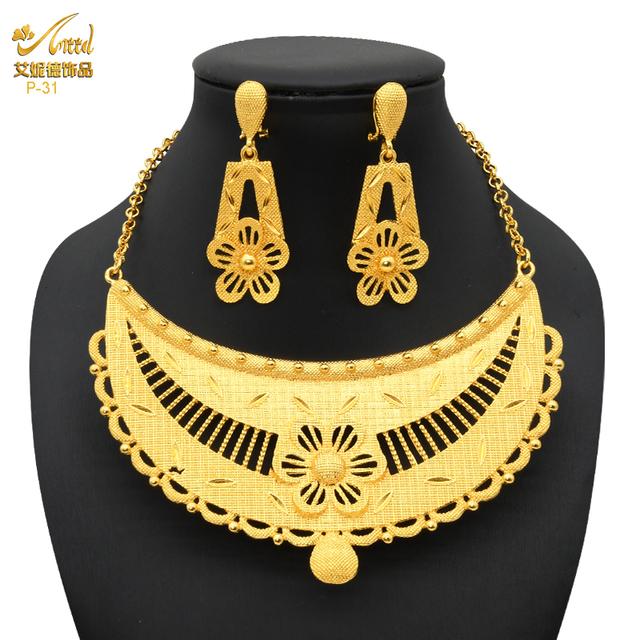 Cheap Gold Plated Jewelry Set for Women Bridal 24K Gold Color Necklace Earrings Set Wedding Joom