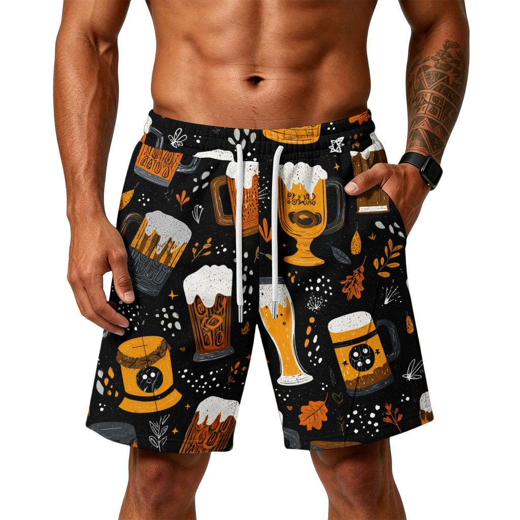 Men Layer Loose Fit Shorts with Pockets Sports Training Gym Beach Casual Shorts Printed Pattern Drawstring Waistband