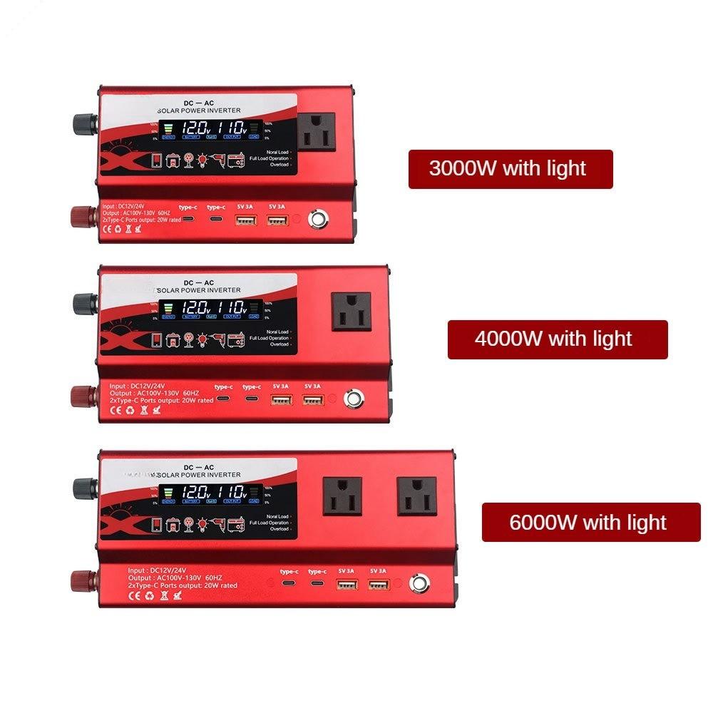 3000W/4000W/6000W High Power Portable Car Inverter Household Intelligent Display Power Inverter 12V/24V to 110V Voltage Converter With Light