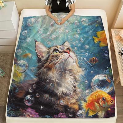 Bubble Cat Print Flannel Blanket, High Quality Comfortable for All Seasons, Home Decor, Warmth and Comfort