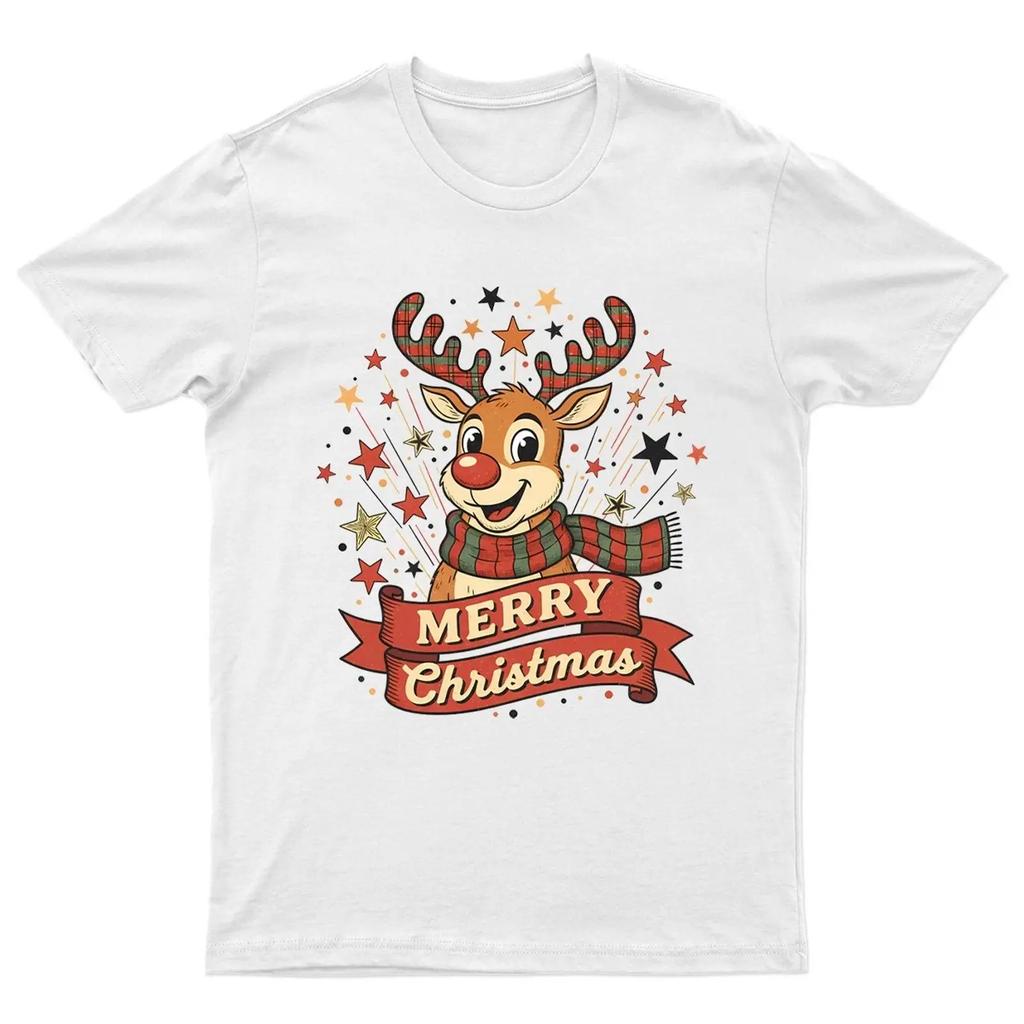 Merry Christmas Reindeer Holiday T Shirt Retro Funny Unisexs Vintage Stretched Fashion Graphic Homme Soft Stylish