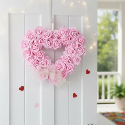 Valentine's Day Artificial Rose Wreath with Bows Heart Love Flower Garland Wall Hanging Sign for Front Door Wedding Party Decor