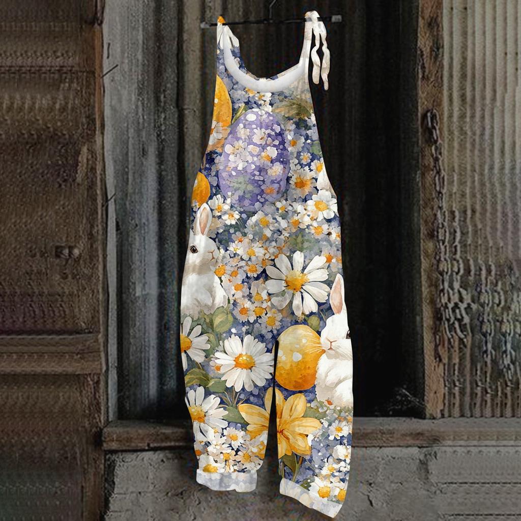 Women's Romper Print Casual Loose Cotton Linen Overalls