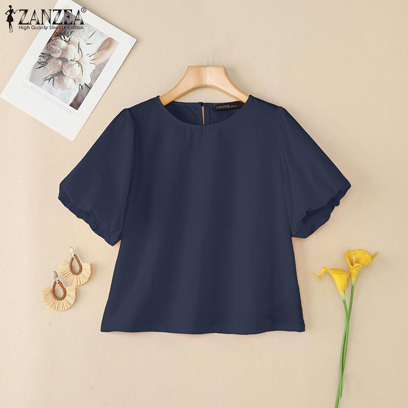 ZANZEA Women Casual Round Neck Solid Color Summer Short Sleeve Blouse