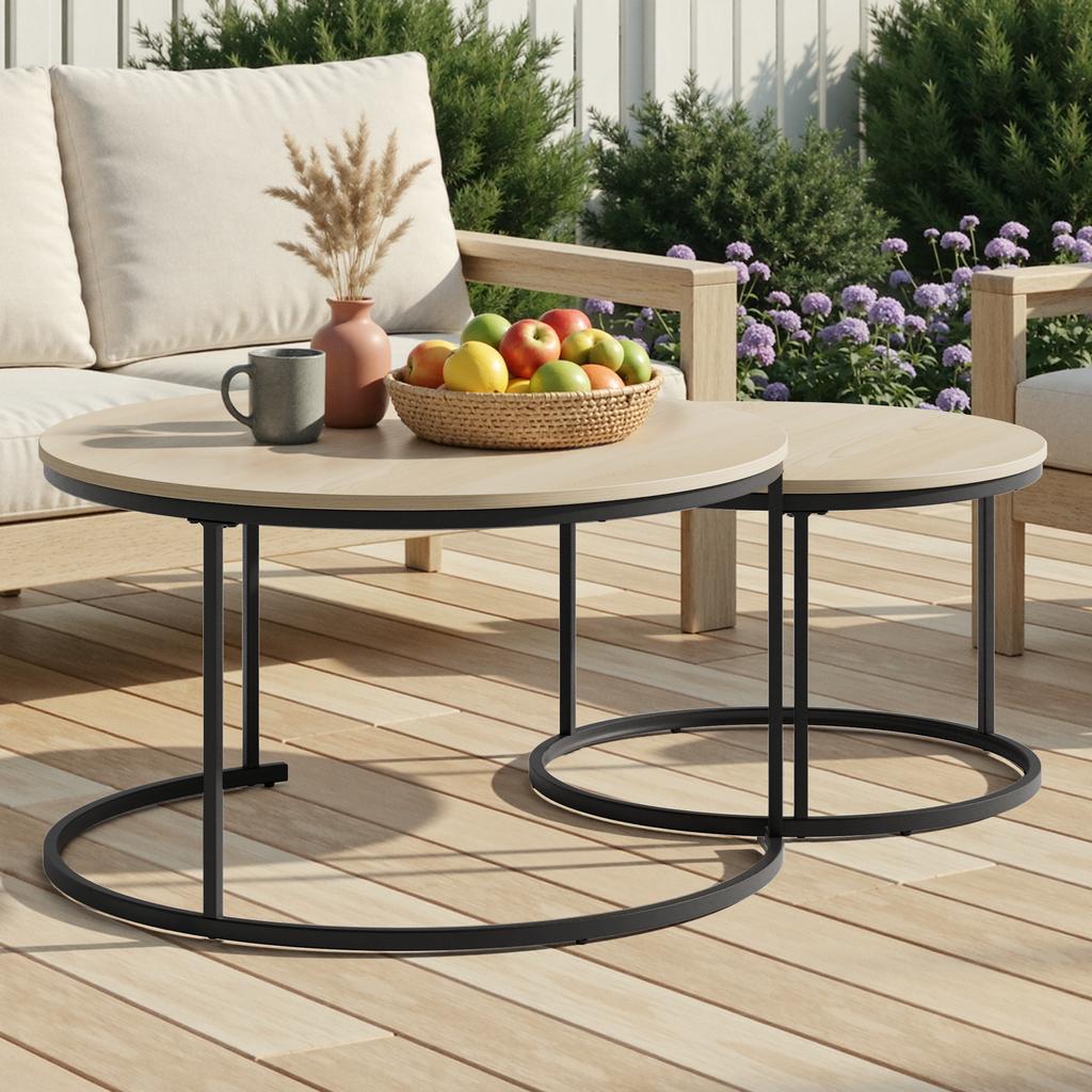 Two-Piece Nesting Coffee Table Set, Oak Veneer, Round with a Diameter of 80 cm, Metal Frame, Modern Style, Suitable for Living Room, Bedroom, Balcony.