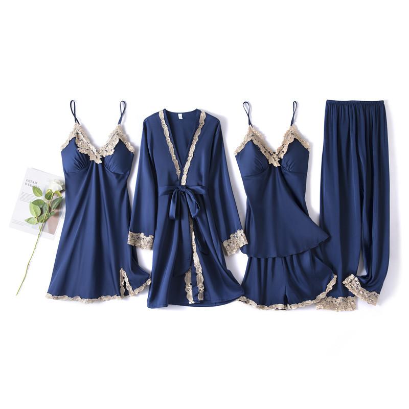 

Пижама женская весенняя ночная рубашка на подтяжках комплект из пяти предметов сексуальный V-образный вырез атлас кружево ночная рубашка интимное белье пижамы домашняя одежда L
