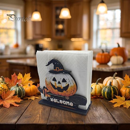 Fall Table Decor Halloween Wooden Napkin Holder, Ghost Pumpkin Decorative Tabletop Tissue Dispenser, Square Storage Box Paper Organizer for