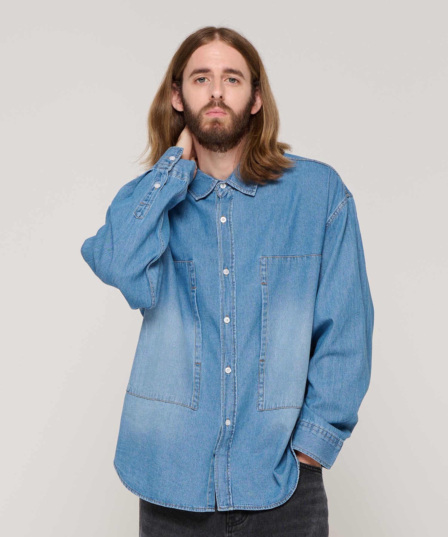 Cargo Bros Washed Square Denim Shirt (Dark Blue) Free