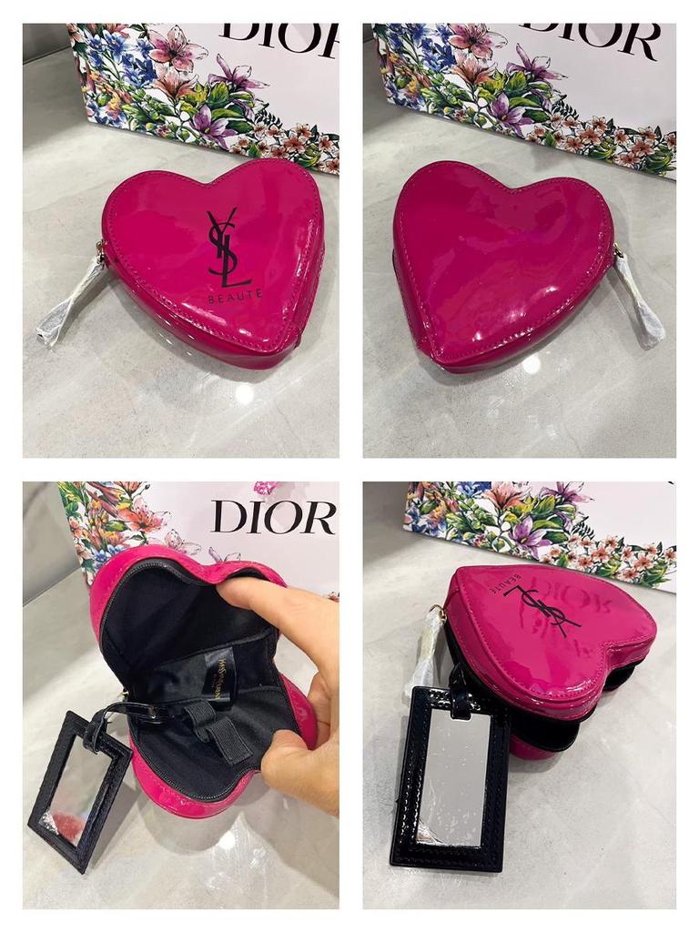 YSL Makeup Peripheral Heart‑Shaped Patent Mini Zipper Cosmetic Pouch with Wrist Strap, Portable Storage for Lipstick, Earphones, Keys