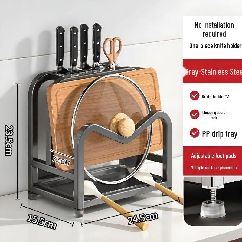 Stainless Steel Kitchen Organizer: Knife Holder, Pot Lid, Cutting Board, Cutlery & Chopstick Stand