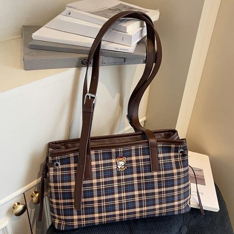 Large-capacity Checkered Bag, Retro Backpack, Handbag, Commuter Single-shoulder Tote Bag
