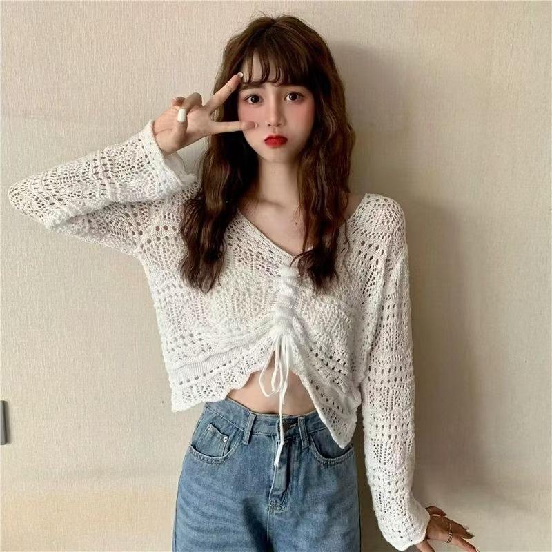 Chic Hollow Drawstring Knitted Sweater Women's Spring and Summer Small Sweet and Spicy Design Sense V-neck Lace-up Short Top