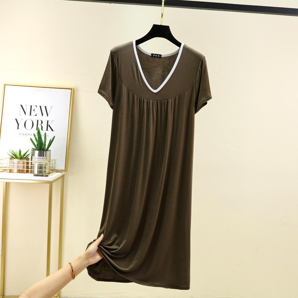 Übergröße M bis 6XL Modal V-Ausschnitt Nachthemd Sommer Damen Locker Hauskleid Einfarbig Lässig Langes Nachthemd Komfort Hauskleidung