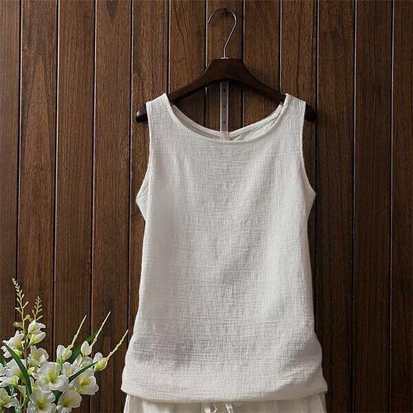 Spring/Summer Women's  Cotton and Hemp Vest T-shirt Loose Bottom Versatile Outer Sleeveless Solid Color Top