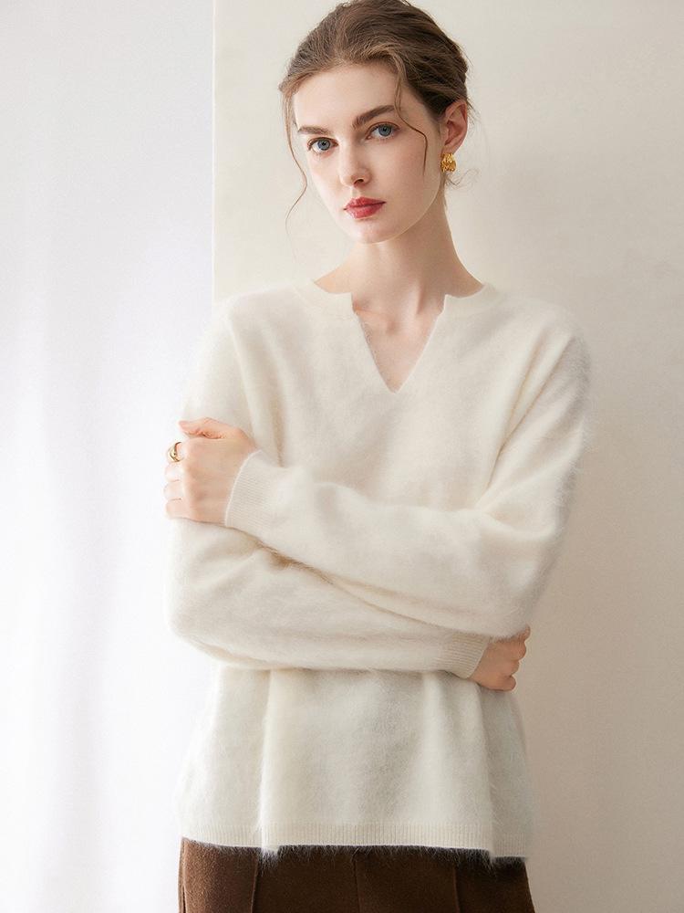 2026 Autumn/Winter Korean Style Loose V-Neck Cashmere Sweater - Women's Slimming Warm Scissor Design