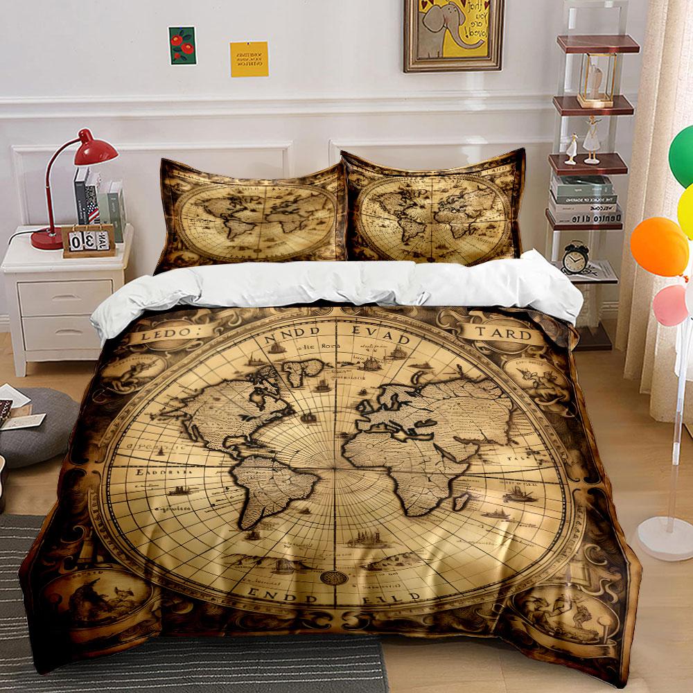 Vintage World Map Decor Set  Kid'S And Adults' Bedroom Decor, Exquisite Three-Piece Bedding Set Gift