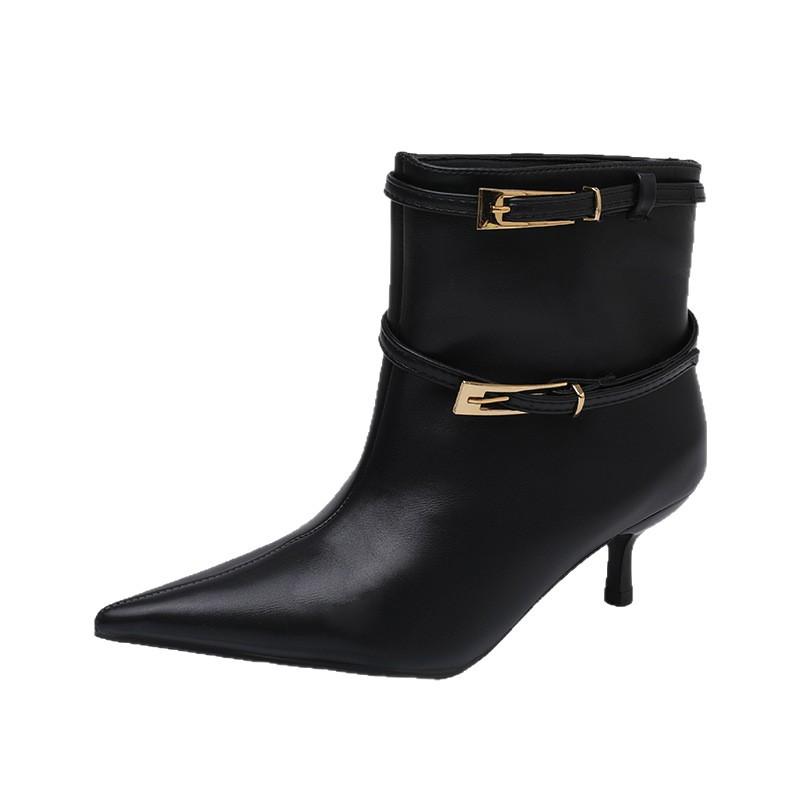Fashion temperament pointed black women's short boots women's new autumn and winter thin heel leather boots versatile high heels