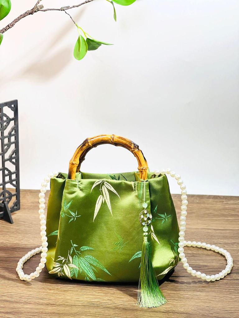 Bamboo Handle Brocade Handbag - Chinese Style Pearl Crossbody, Perfect Qipao Match, Ideal Gift for Mom