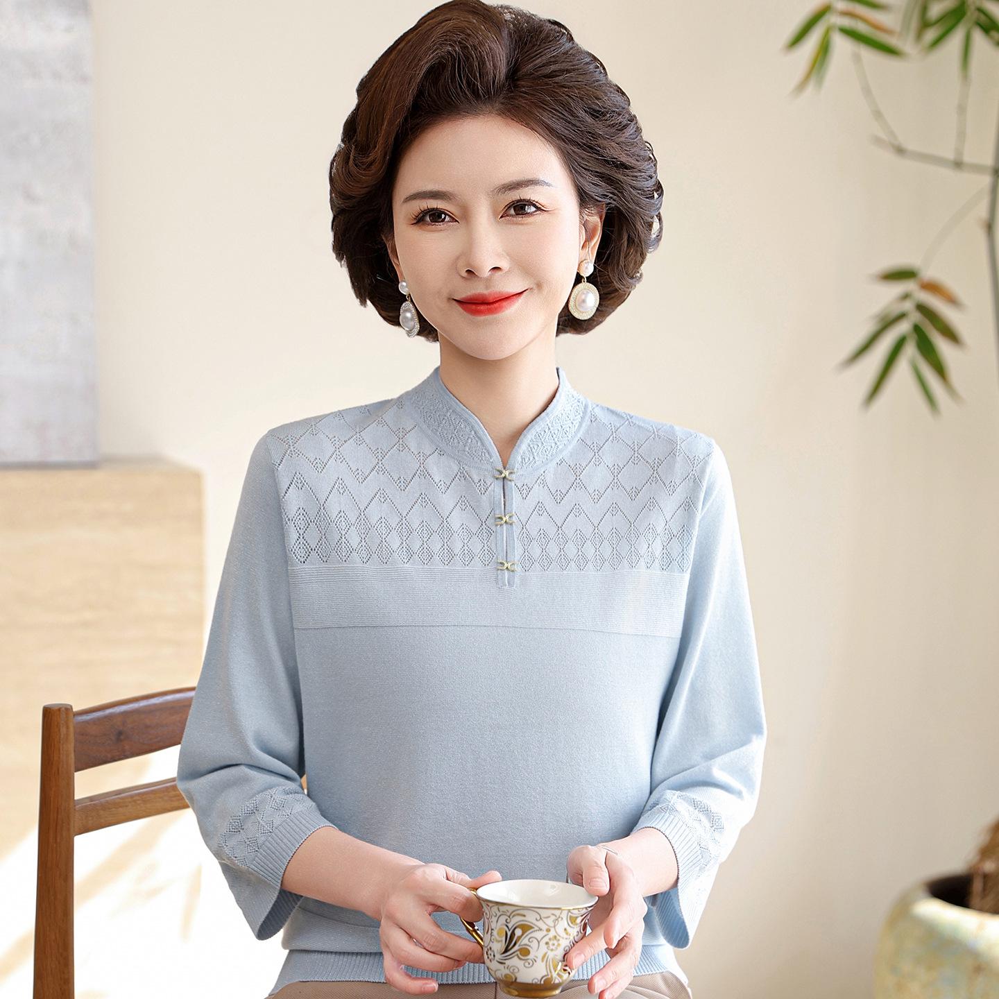 

2026 Spring Chinese Style Women s Sweater - Fashionable Lightweight Knit Top for Middle-aged and Elderly Women L (for up to 105 jin) синий