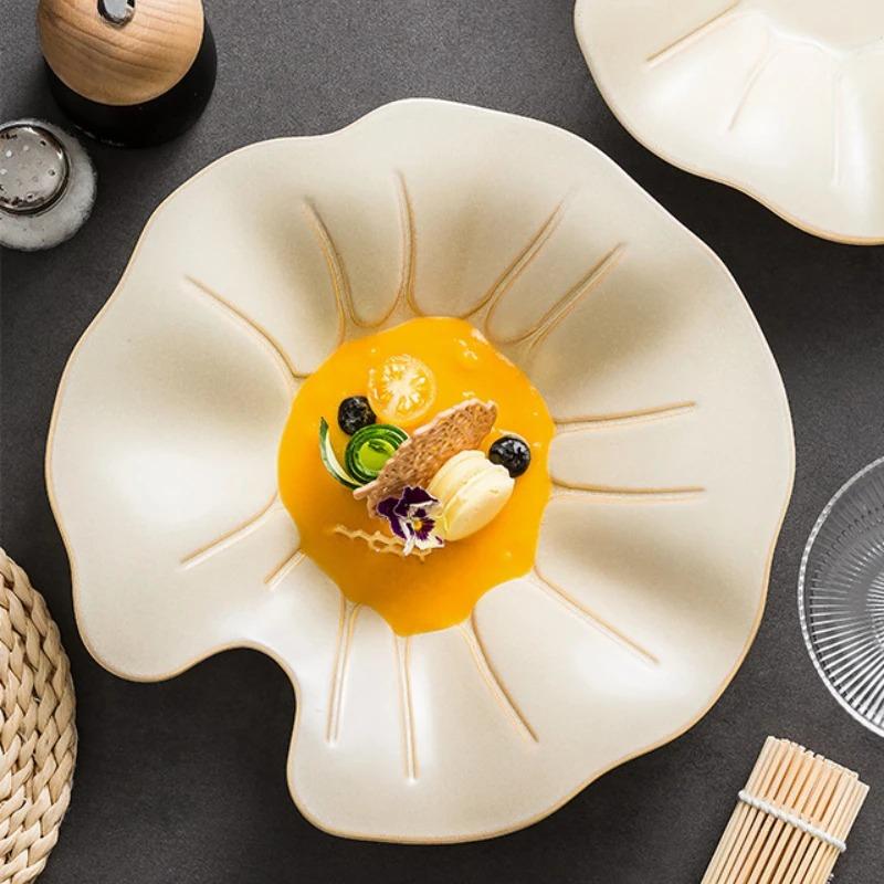Lotus Dish Dishes Plate Dinnerware Ceramic French Tableware Wedding Table Decor Dessert Fruit Salad Bowl Pasta Steak Sushi Plate