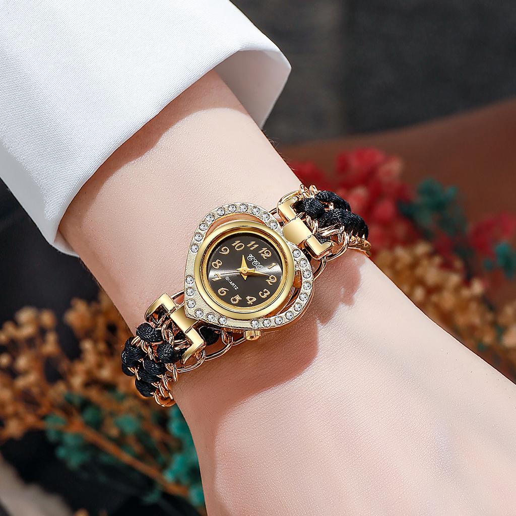 Luxury Rhinestone Women Watches Fashion Heart Dial Woven Strap Ladies Quartz Wristwatch Reloj Mujer
