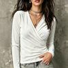 Women's Velvet V-Neck Long Sleeve T-Shirt with Cross Pleated Front for Casual Fall Wear
