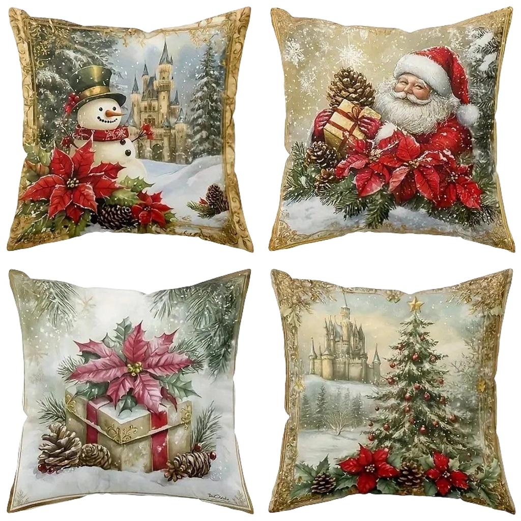 Christmas Throw Cover 2D Printed Linen Decorative Cushion Case for Sofa Holiday Home Decor