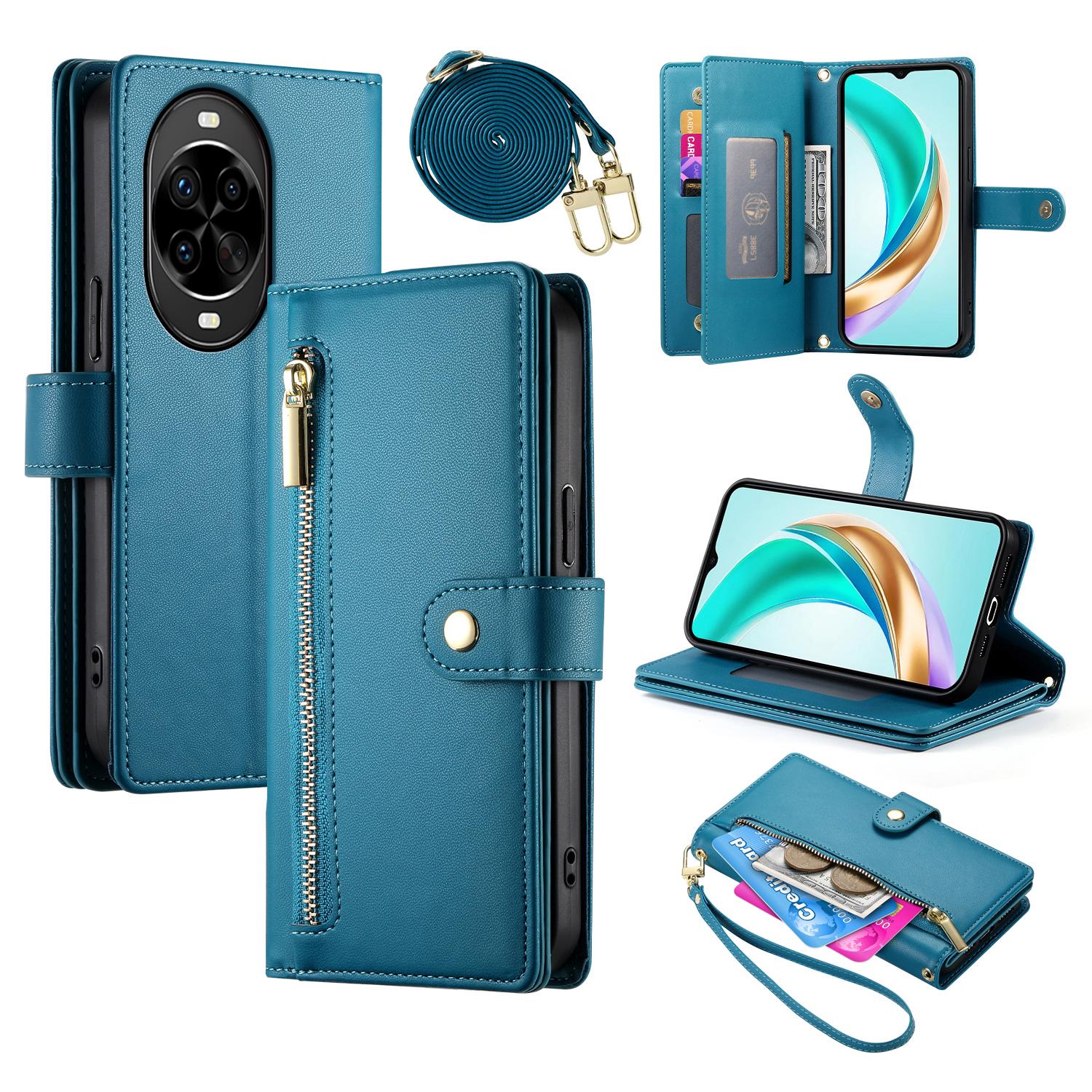 

For Huawei nova 14 Pro 5G Case Zipper Pocket Wallet Leather Phone Cover with Straps Blue