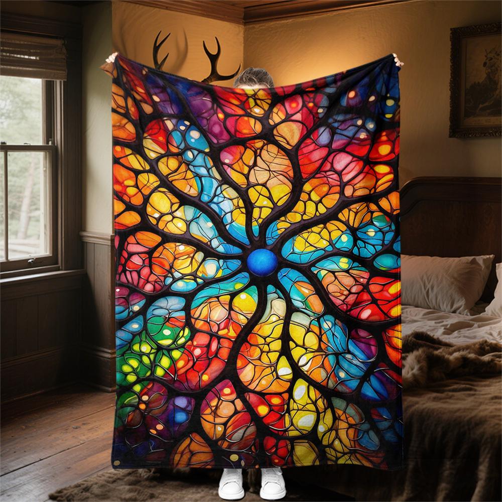 1PC Tree of Life Stained GlassOutdoor Flannel Blanket - Soft Plush Decor for Picnics, camping, Bedroom, Playroom, Office, or Lunch Break 1325A