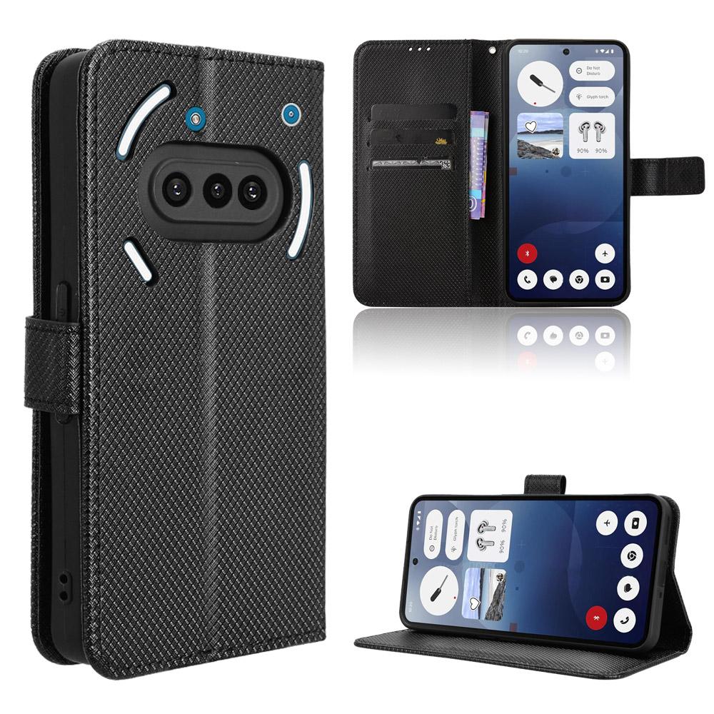 

For Nothing Phone (3a) Leather Wallet Case with Strap Diamond Texture Phone Cover Black