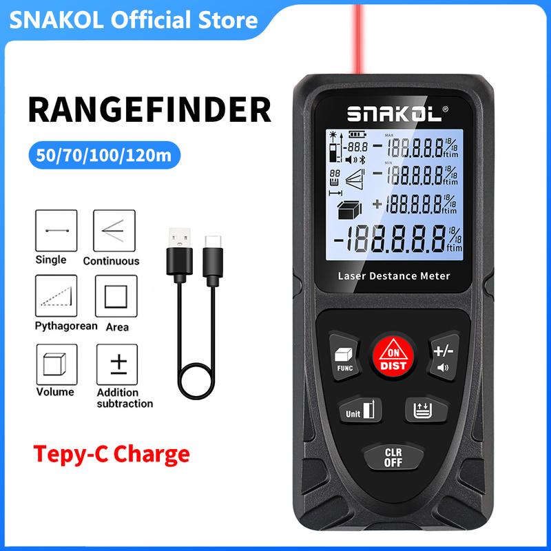 Snakol Laser Distance Meter 50M 70M 100M 120M Profesional Digital Rangefinder Roulette Ruler Laser Tape Measure with USB Charge