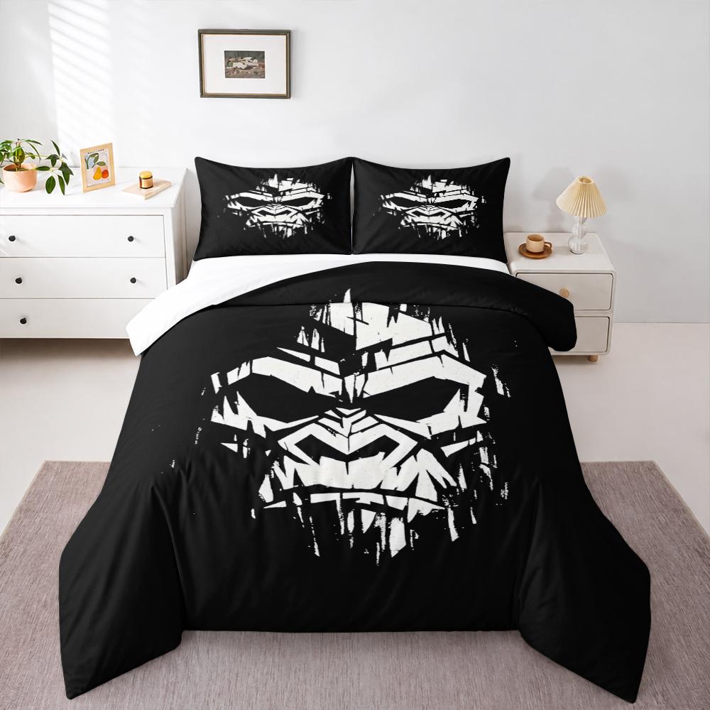 Duvet Cover Set Geometric Gorilla Face White Black Minimal 3 Piece Bedding for Adult Fan Gift