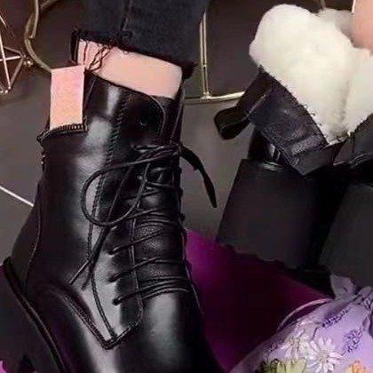 2026 new thick-soled thick-heeled Martin boots lace-up velvet non-slip British style short boots women's versatile soft leather cotton boots