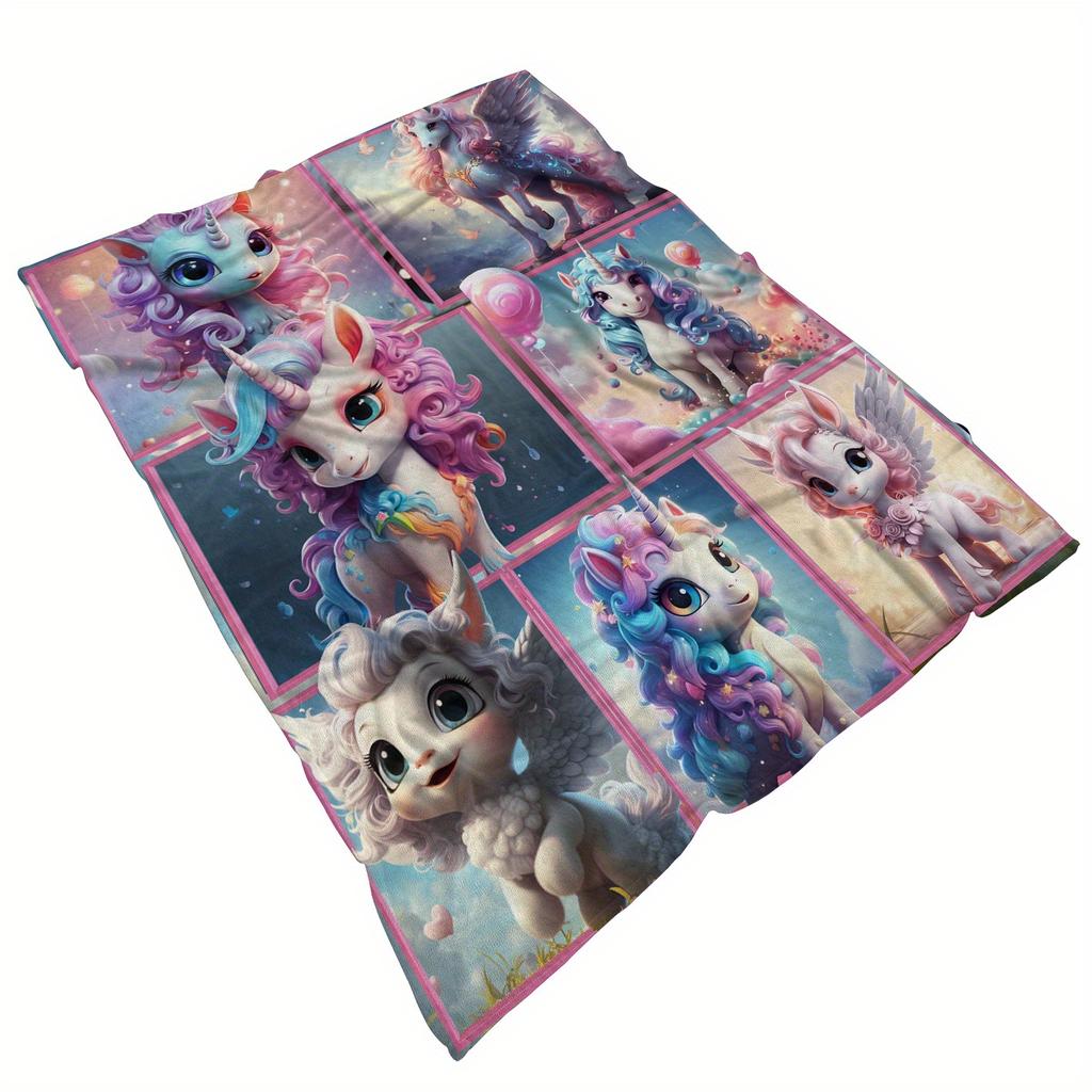 Cute Rainbow Unicorn Flannel Throw Blanket Cartoon Pegasus Patchwork Kids Bed Sofa Blanket