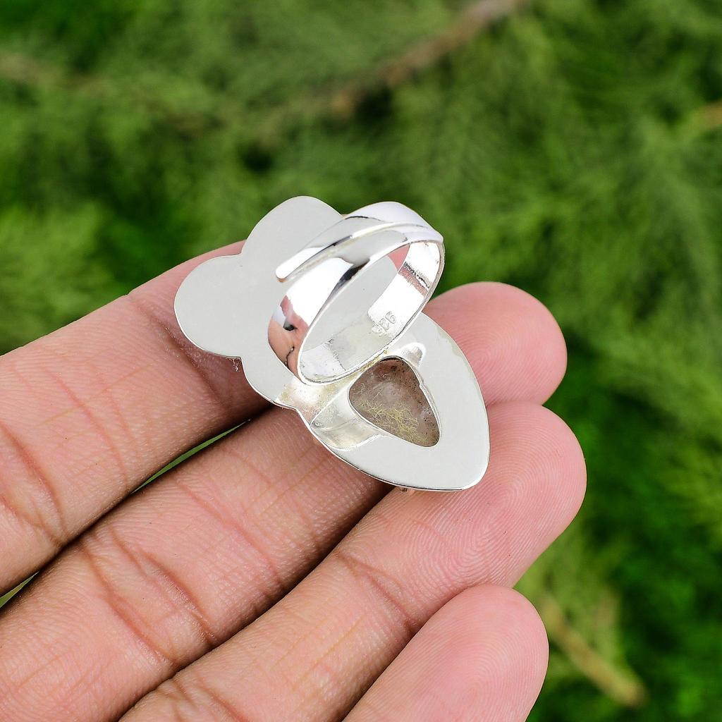 Mothers day Sale 925 Silver Golden Rutile Stone Solitaire Flower Bezel Boho Ring