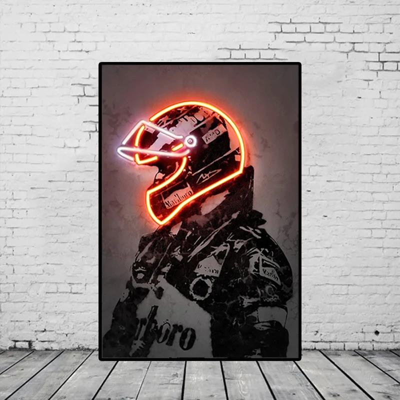 Retro Neon Light Effect Motorcycle Helmet Poster Print Canvas Painting Graffiti Art Wall Picture for Bar Room Home Decor NO LED