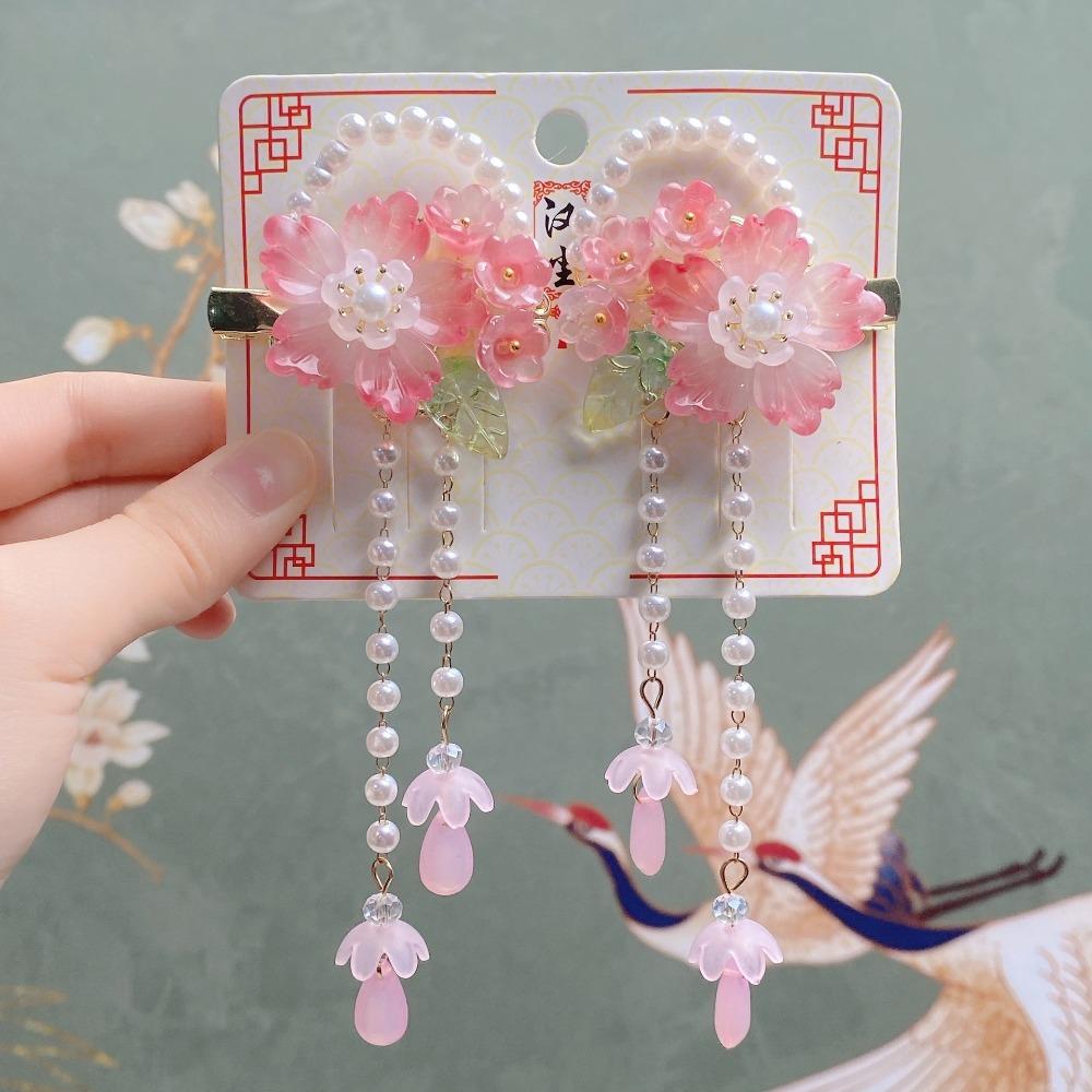 Sweet Pink Hair Clip Chinese Style Flower Tassel Hairpins Styling Accessory Barrette For Girls