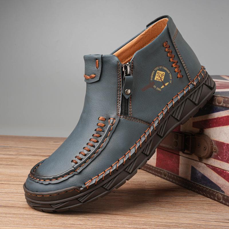 Large Size Spring and Autumn Men's Casual Boots Leather Boots Fashion Side Zipper Handmade Shoes High Top Men's Shoes