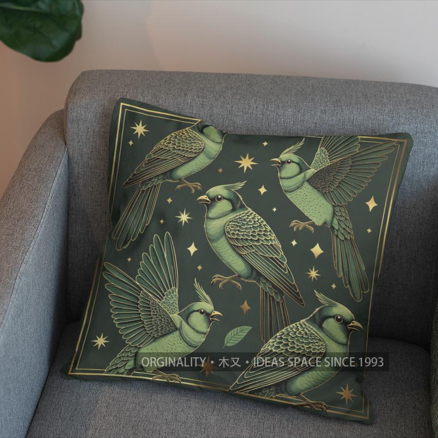 2D Green Birds With Gold Wings Patterned Cushion Pattern Cushion Cover Suitable For Sofa Bedroom Car Pillow Cover