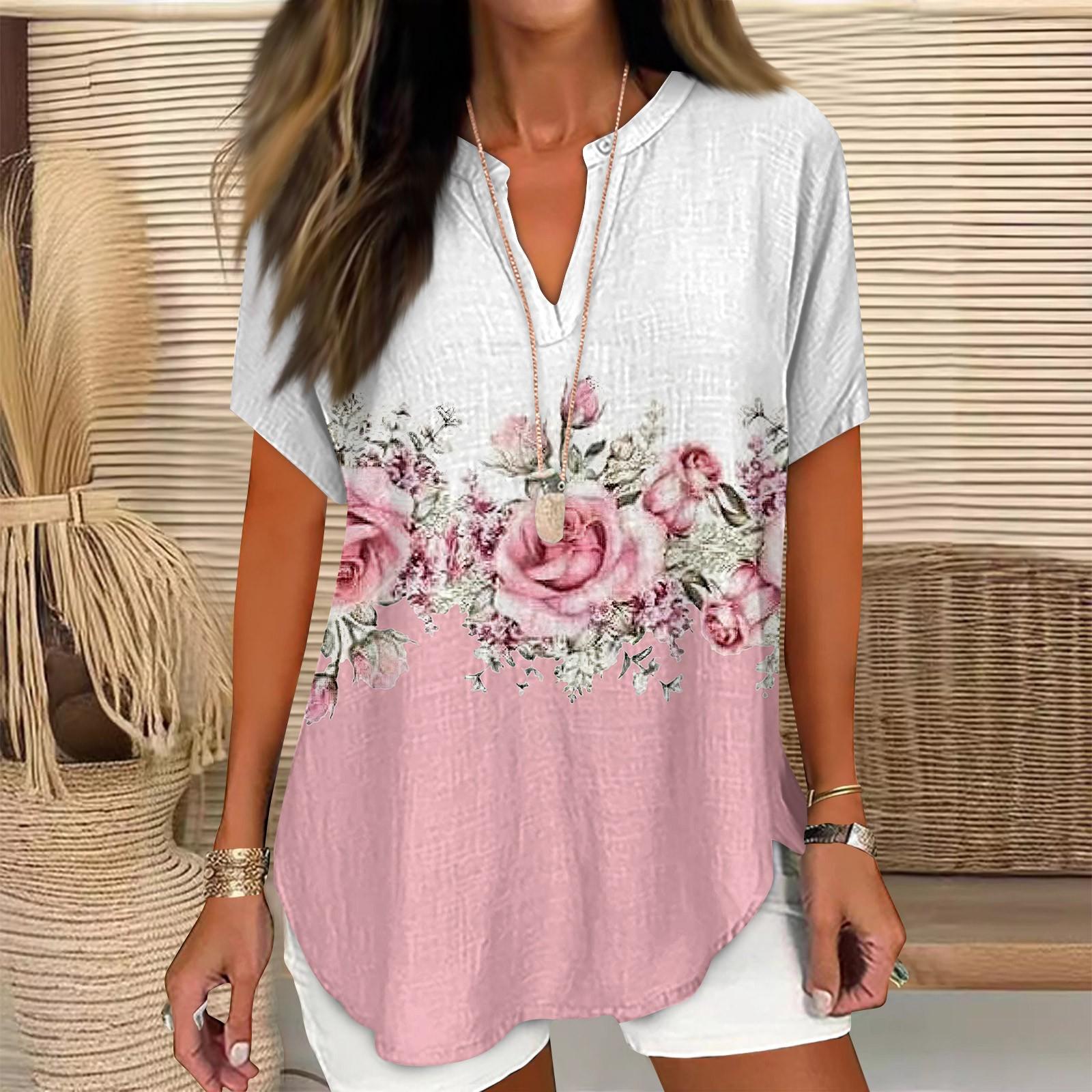 

Жіночі сорочки Лляна сорочка на гудзиках Жіночі оверсайз жіночі топи Одягнені повсякденні футболки з короткими рукавами для жінок Модні S рожевий