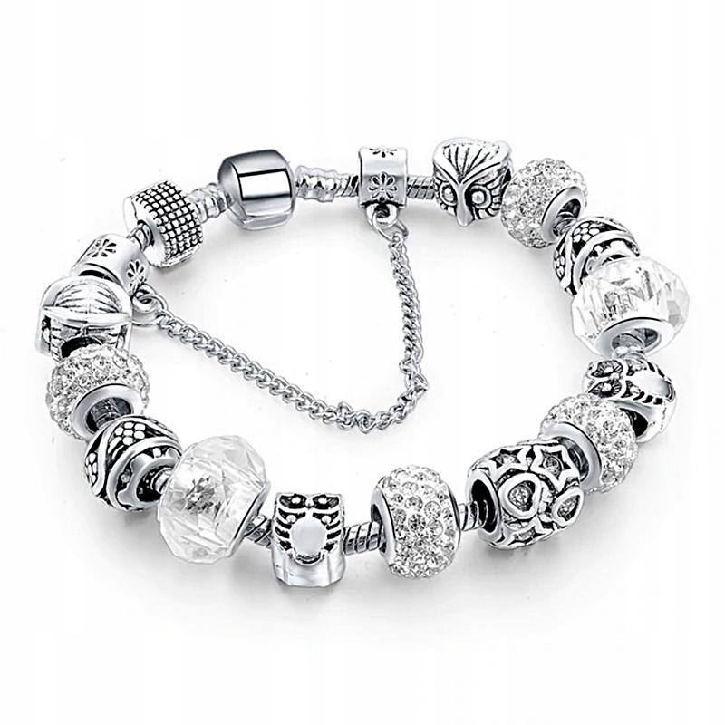 Silver Modular Bracelet White Pendants Charms Beads Owl Tree 20cm