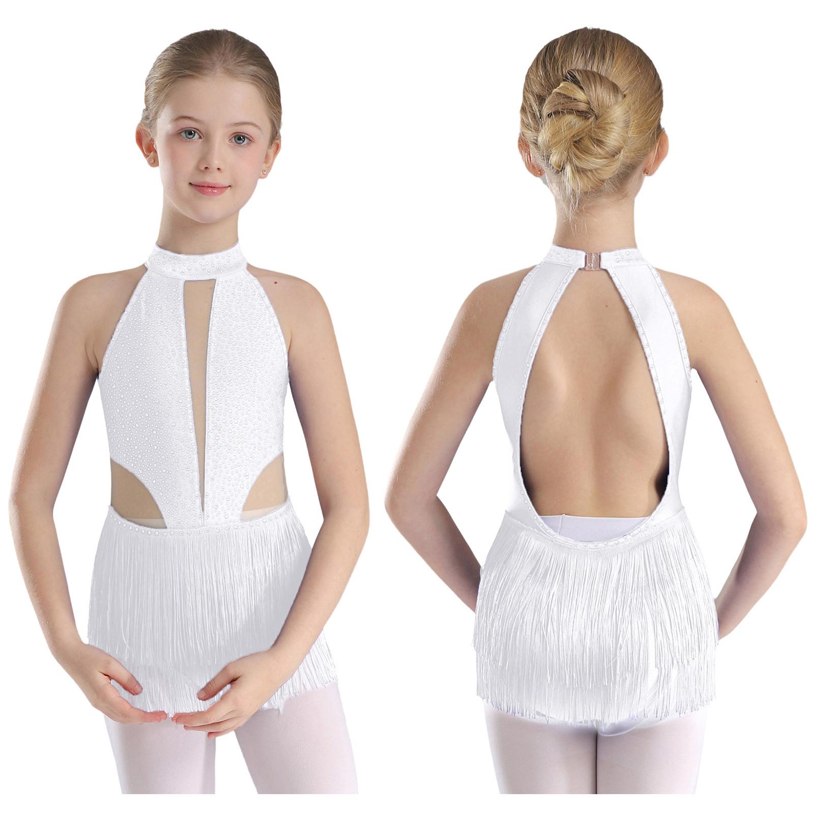 

Дитяче трико для латиноамериканського танцю зі стразами для дівчаток без спини Боді з бахромою Гімнастичний художній костюм для катання на ковзанах Балетний трикотаж 7-8 Years білий