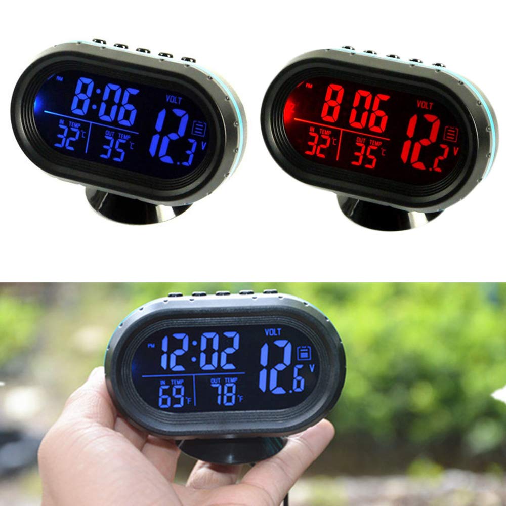 Car Thermometer LCD Digital Clock - MASO 12-24V Multifunctional Temperature Voltmeter Gauge Electronic Clock Alarm Monitor with 2 Backlights