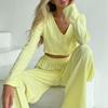 Causal Solid V Neck T-shirt Pants Suit Long Sleeve Crop Top Elastic Waist Wide Leg Pant Sets Spring Homewear Outfit