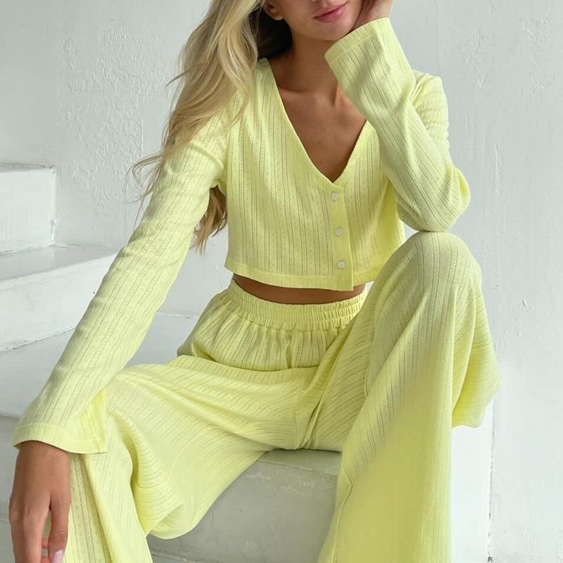 Causal Solid V Neck T-shirt Pants Suit Long Sleeve Crop Top Elastic Waist Wide Leg Pant Sets Spring Homewear Outfit
