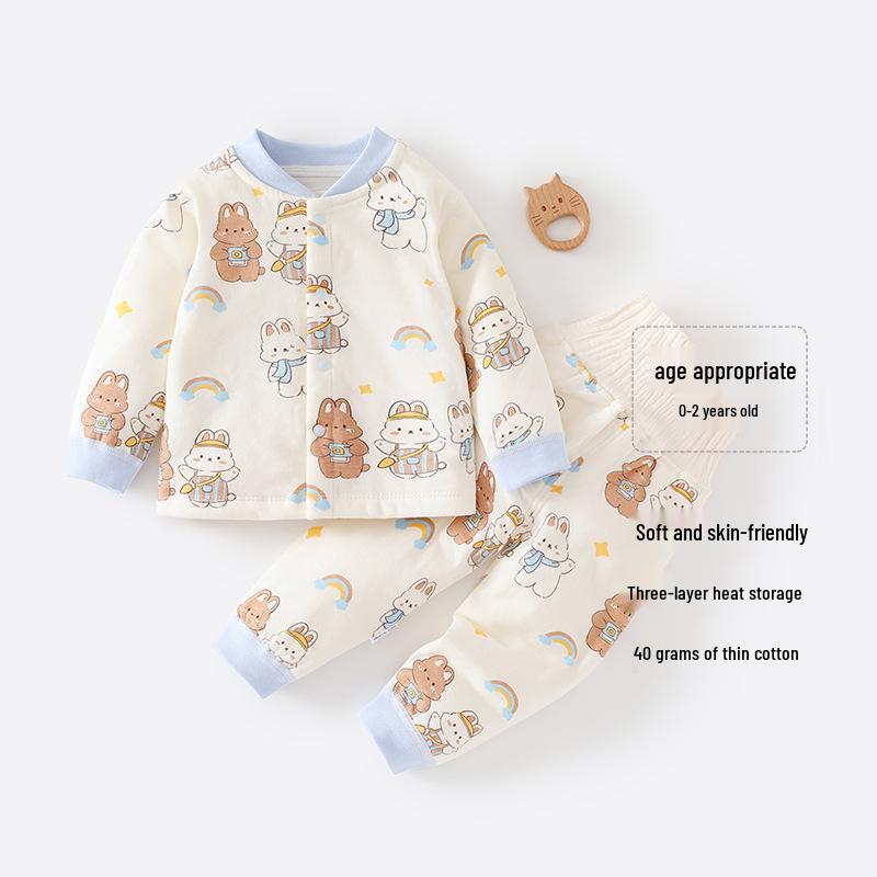 40g Baby Junge Baumwoll-Pyjama-Set mit hohem Bund – Dünne Herbst-/Winter-Warmkleidung & Bauchschützhose