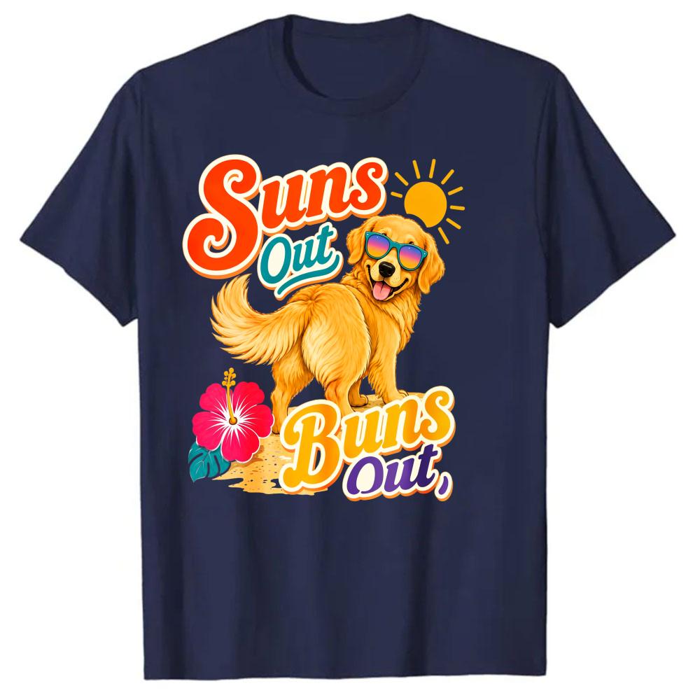 Summer Golden Retriever Dog Graphic T Shirt Suns Out Buns Out Funny Beach Tee Tropical Hibiscus Sun Print Crew Neck Oversized