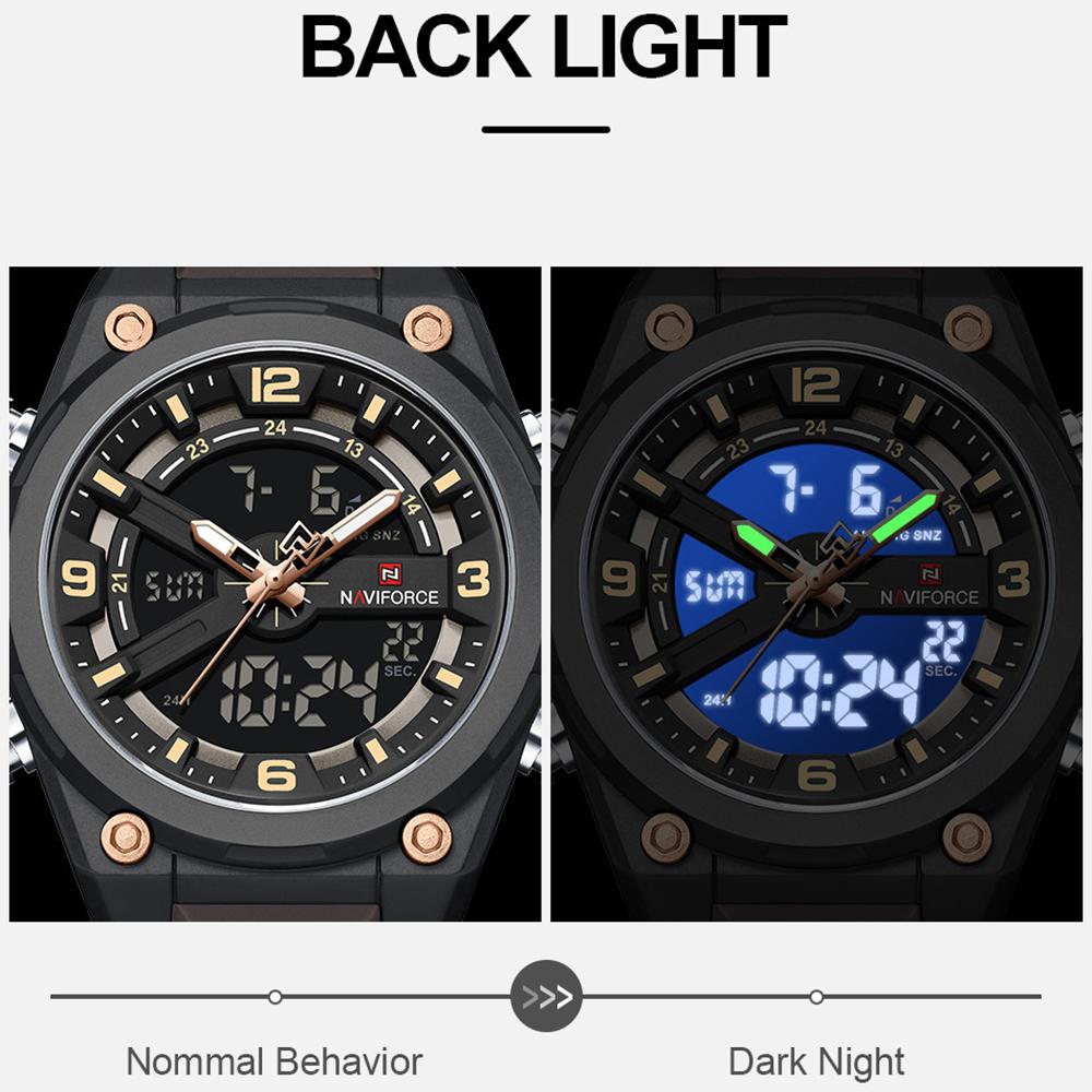 NAVIFORCE Original Men Quartz Watch Calendar Date LCD Display Luminous Pointer Silicone Strap Waterproof 30m Men Casual Fashion Watch NF9265