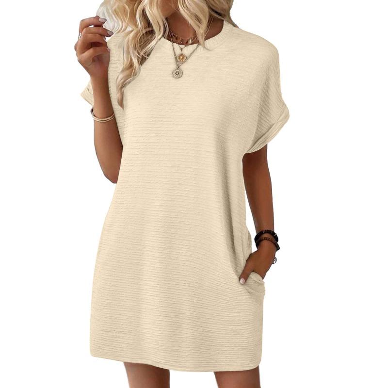 Women's spring and summer new solid color round neck loose short-sleeved pocket dress