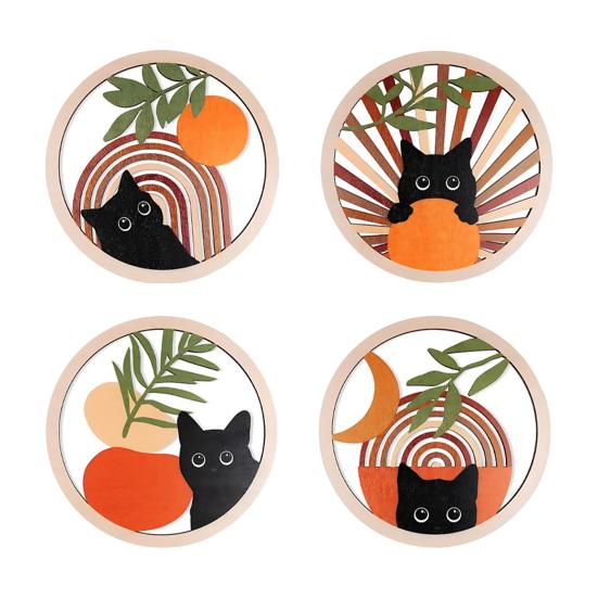 4Pcs Healing Black Cat Wooden Coaster Creative Heat Insulation Mat Anti Slip Thickened Desk